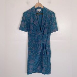 Adrianna Papell Silk Floral Faux Wrap Midi Dress Size 10 Blue Short Sleeves